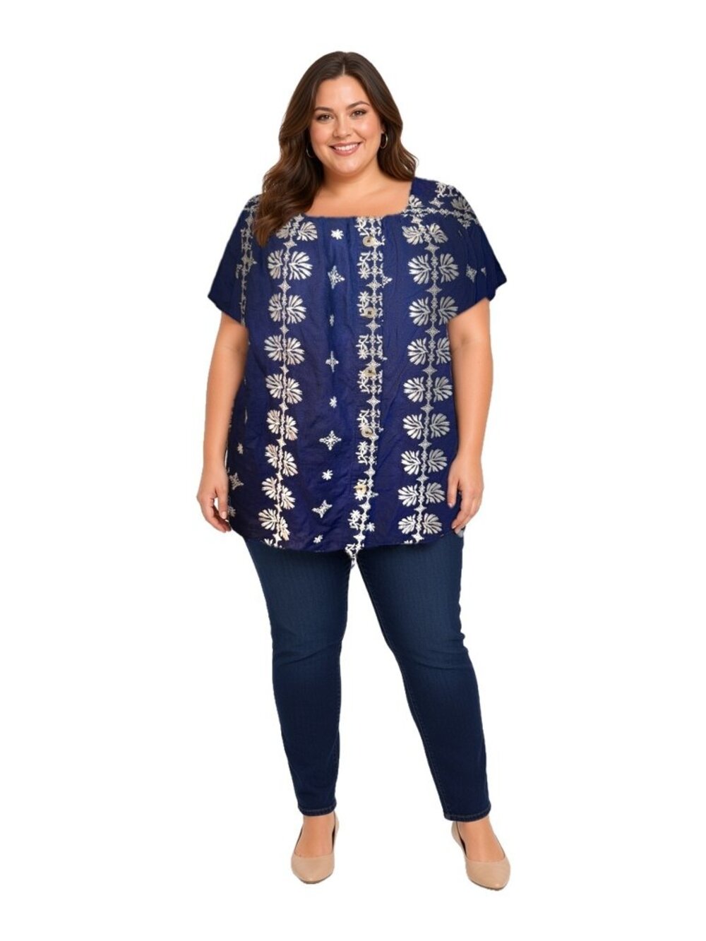 Torrid Navy Blue Embroidered Square Neck Flutter Sleeve Peasant Blouse